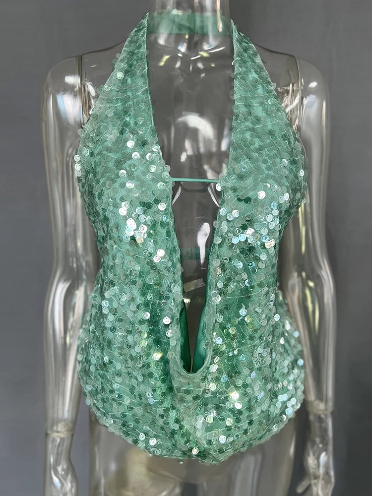 Top Halter Deep V com Paetês