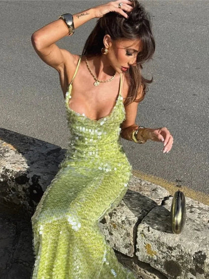 Vestido Longo Paetê Green Maxiane