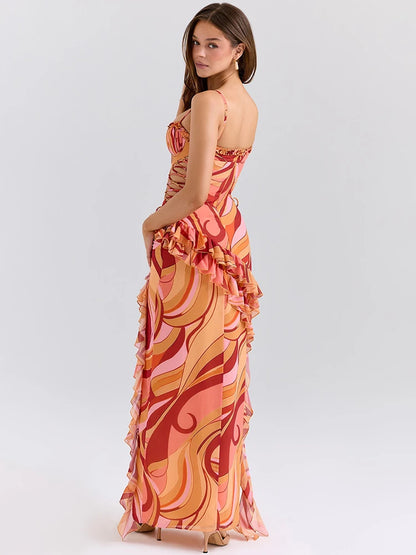 Vestido Longo Encanto Ruffle – Alças Finas e Costas Abertas