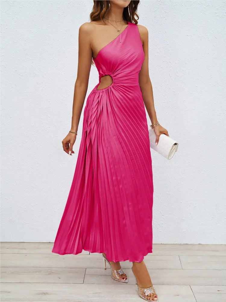 Vestido Feminino Ombro Único com Pregas e Recortes