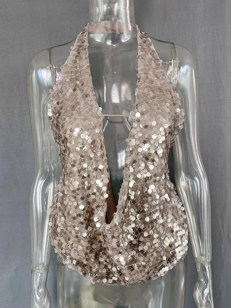 Top Halter Deep V com Paetês