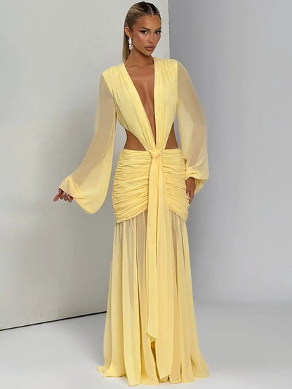 Vestido Longo Monjou – Manga Longa, Fenda Elegante e Recorte Costas