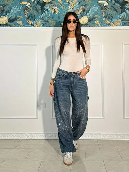 Calça Jeans Feminina Cintura Alta com Strass Luxuosos