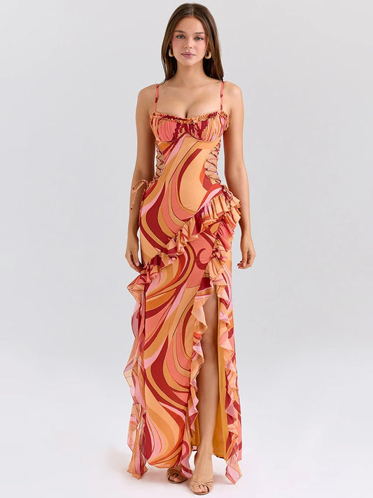 Vestido Longo Encanto Ruffle – Alças Finas e Costas Abertas