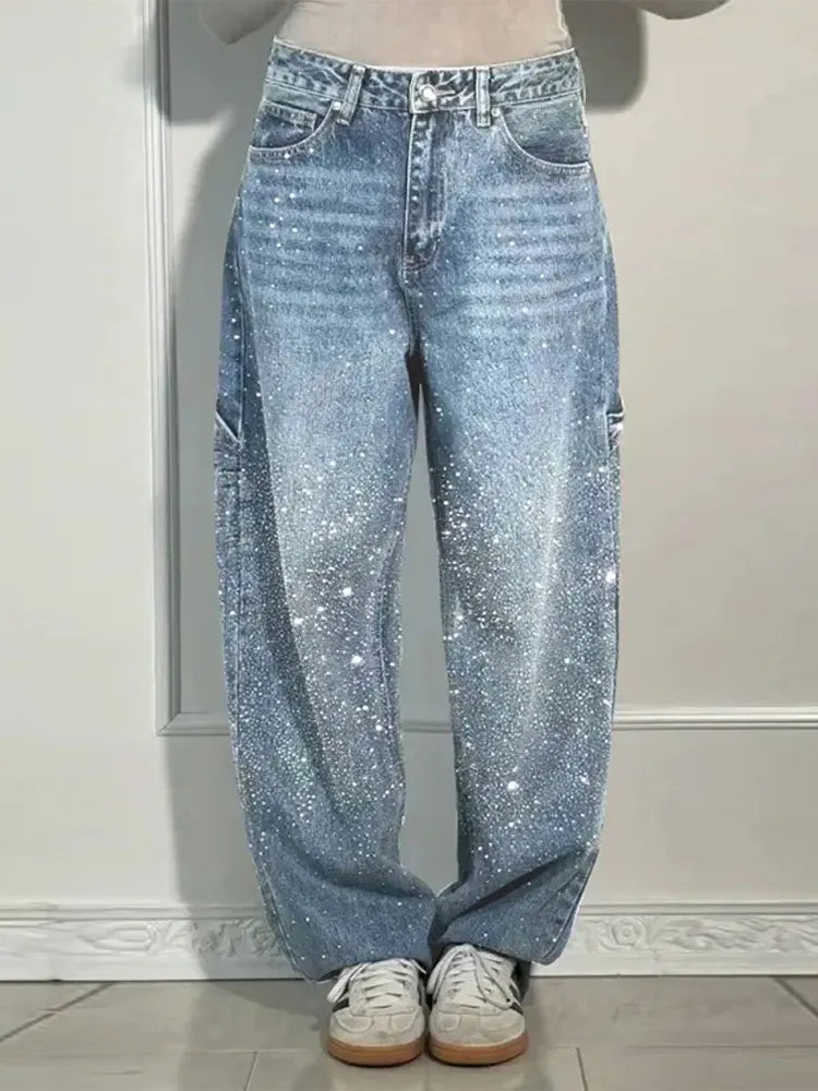 Calça Jeans Feminina Cintura Alta com Strass Luxuosos