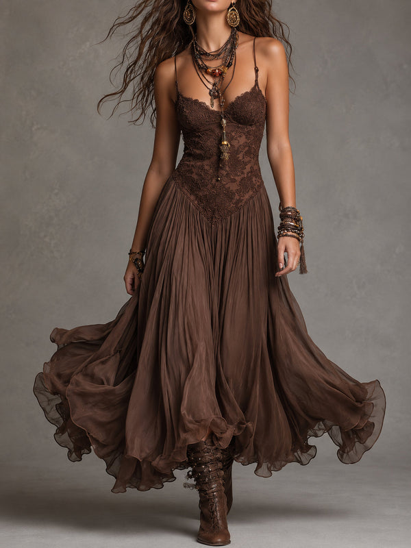 Loreta Brown Lace & Chiffon Maxi Dress