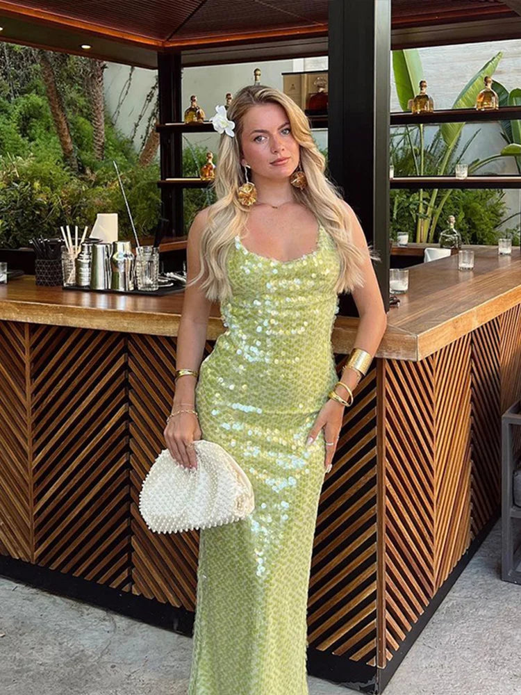 Vestido Longo Paetê Green Maxiane