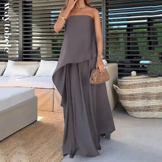 Conjunto Feminino Elegante Calandra – Tom Sólido com Top Tomara-que-Caia Assimétrico e Saia Longa Solta