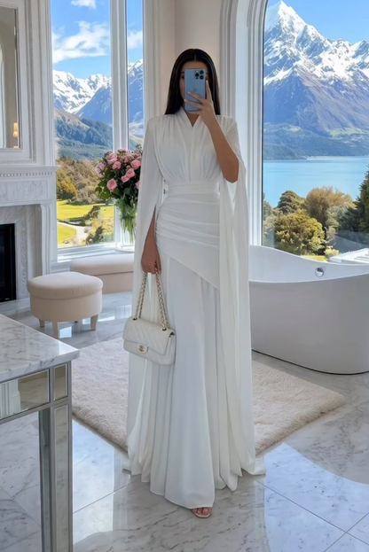 White V-Neck Cape Sleeve Ruched Waist Floor-Length Maxi Dress