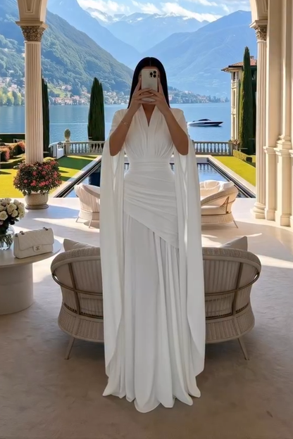 White V-Neck Cape Sleeve Ruched Waist Floor-Length Maxi Dress