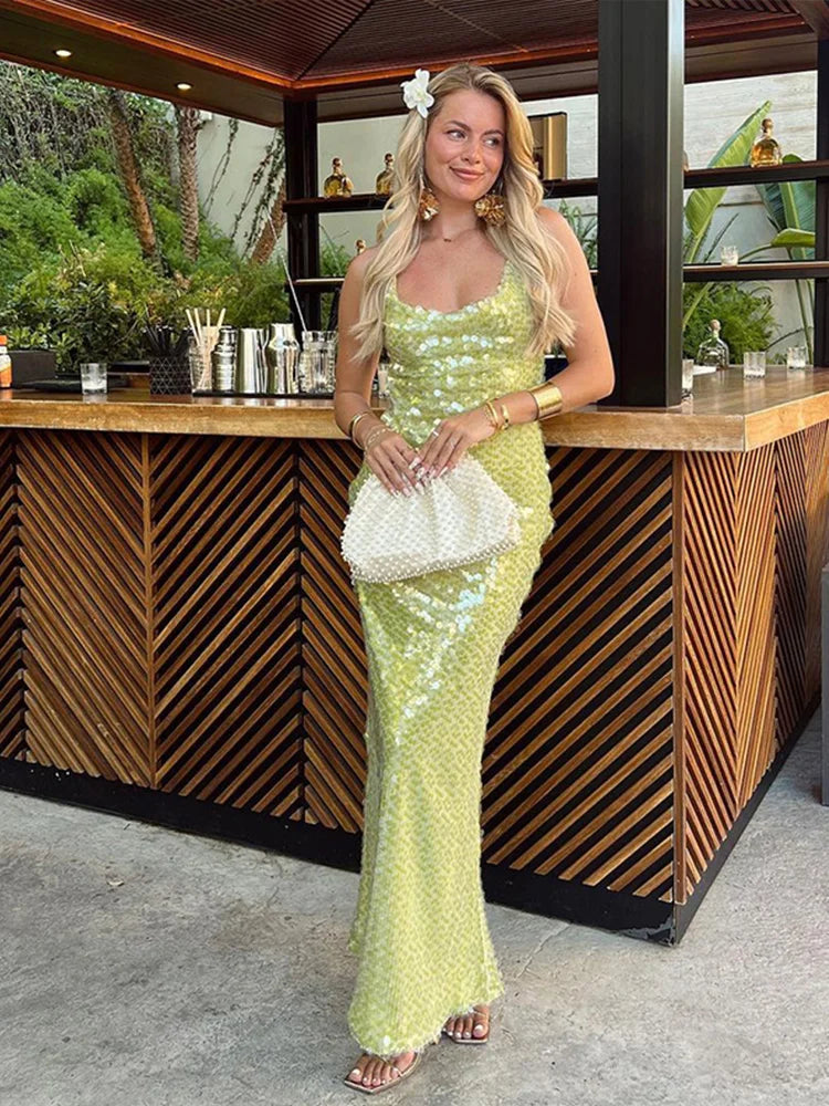Vestido Longo Paetê Green Maxiane