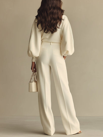 Conjunto Vaelune Tricot Off-White com Calça Wide Leg