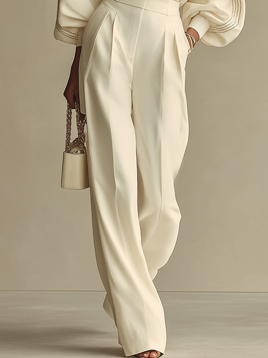 Conjunto Vaelune Tricot Off-White com Calça Wide Leg