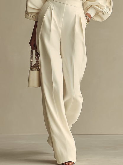 Conjunto Vaelune Tricot Off-White com Calça Wide Leg