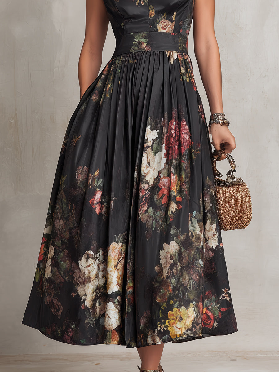 Vestido Nyveris Midi Preto em Cetim Plissado Floral