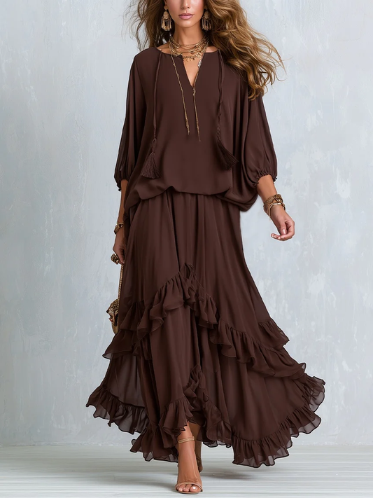 Giuli | Brown Boho Chiffon Ruffle Two-Piece Set