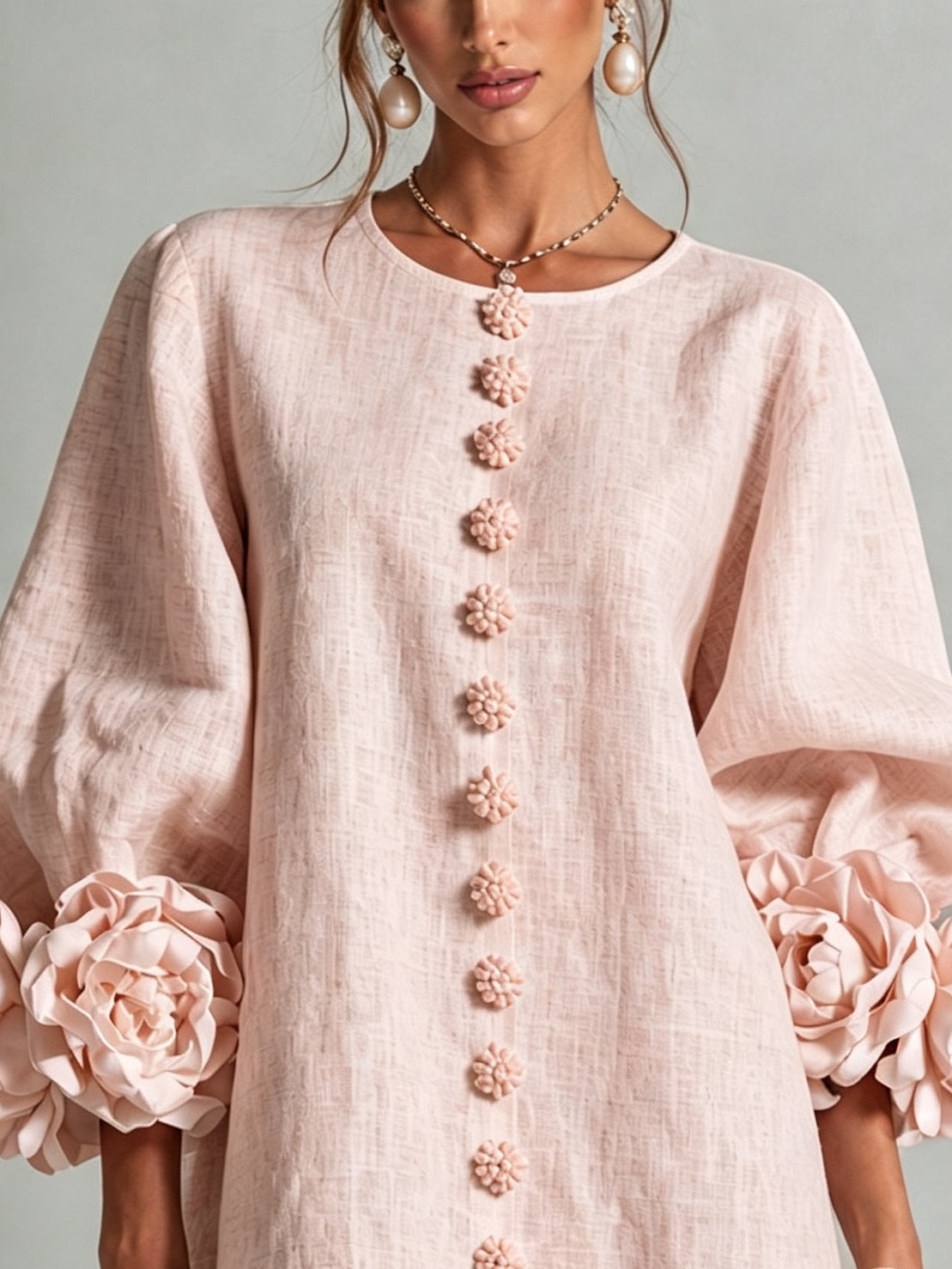 Vestido Curto Helena Rosa Floral com Mangas Marcantes