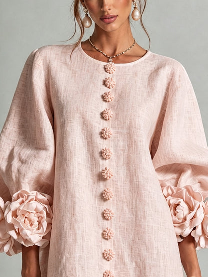 Vestido Curto Helena Rosa Floral com Mangas Marcantes