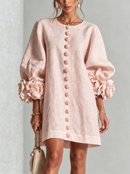 Vestido Curto Helena Rosa Floral com Mangas Marcantes