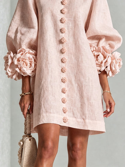 Vestido Curto Helena Rosa Floral com Mangas Marcantes