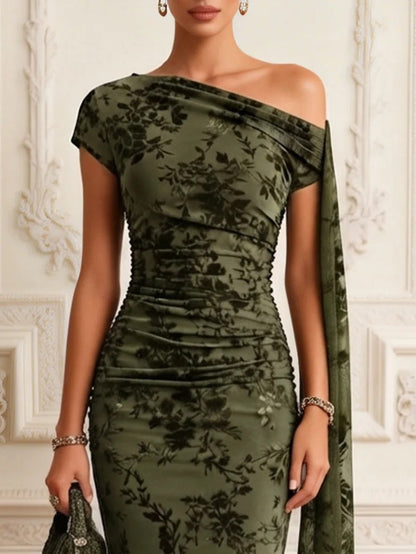 Olive Green Floral Print Asymmetrical Off Shoulder Mermaid Maxi Dress