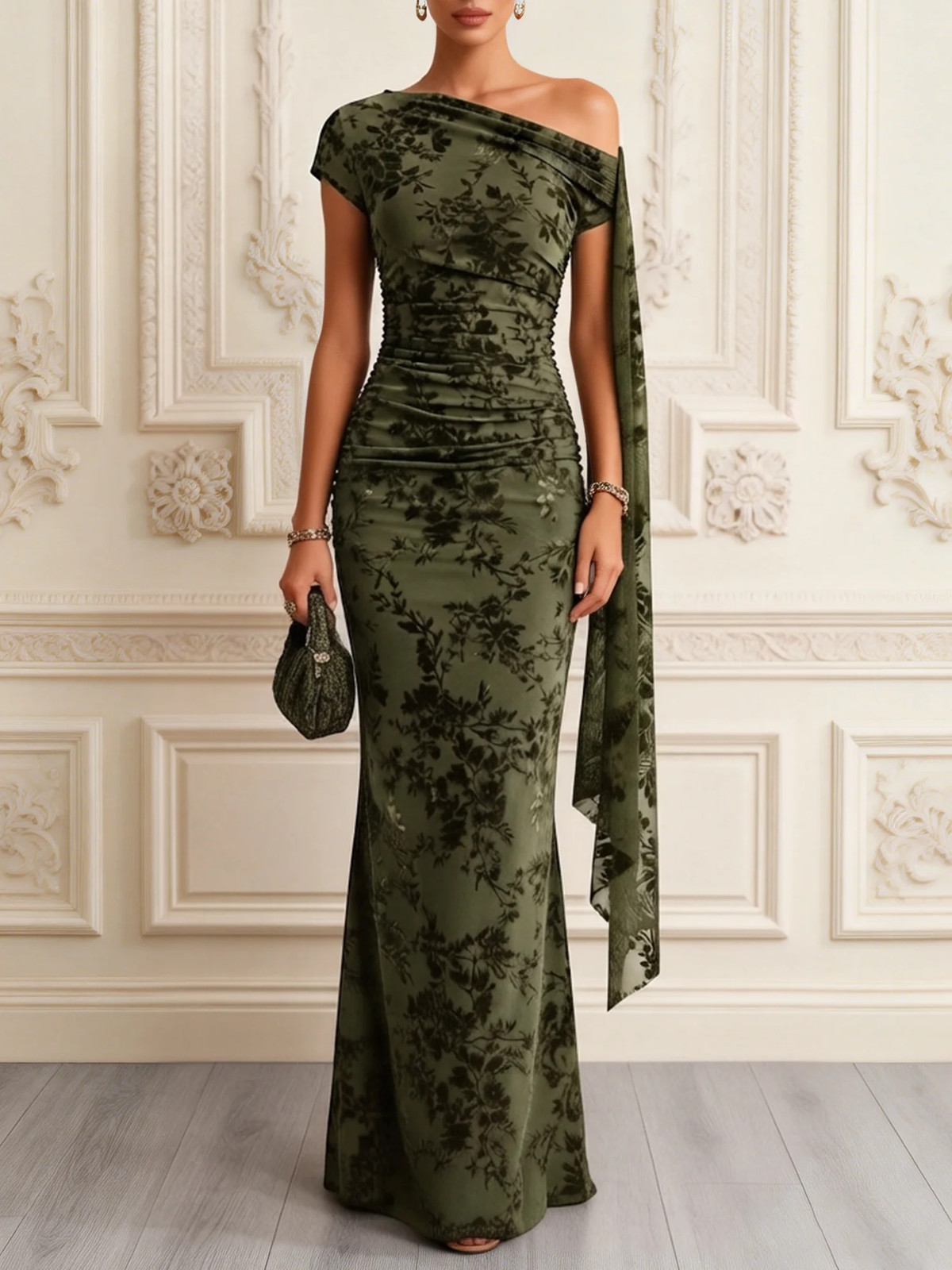 Olive Green Floral Print Asymmetrical Off Shoulder Mermaid Maxi Dress