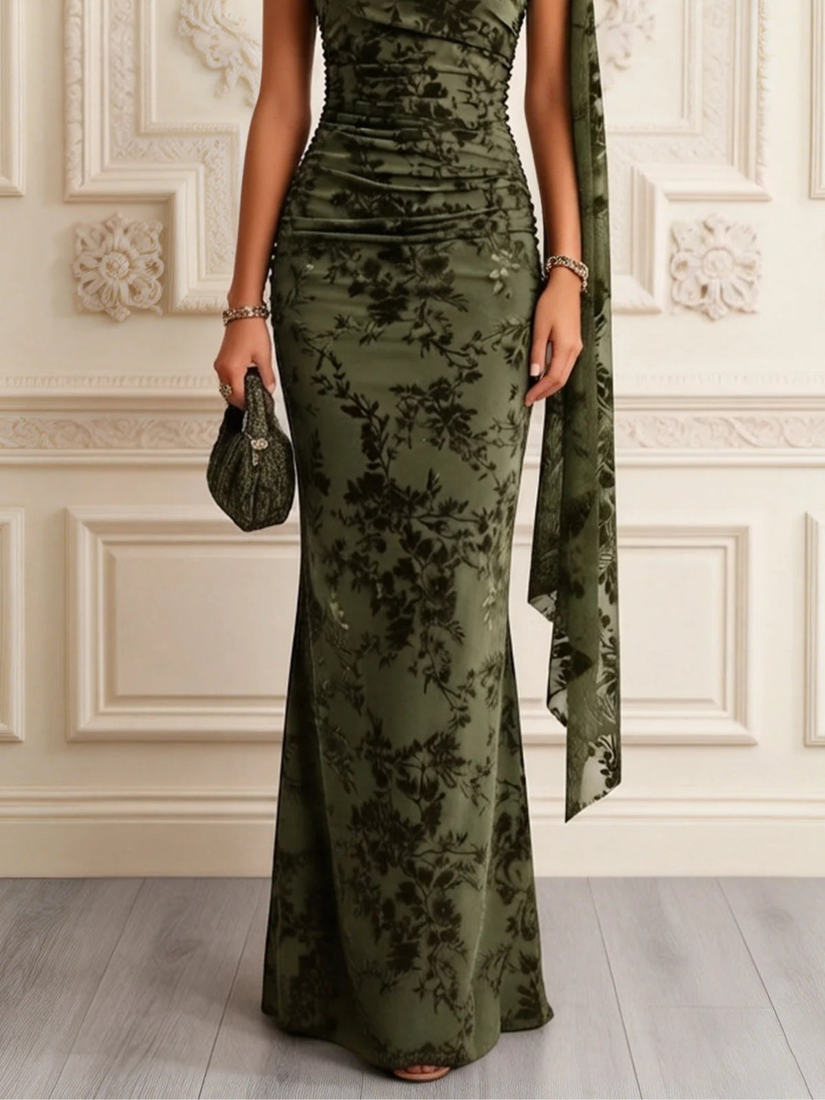 Olive Green Floral Print Asymmetrical Off Shoulder Mermaid Maxi Dress