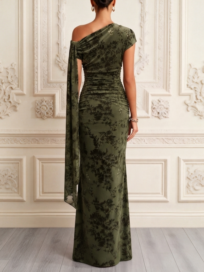 Olive Green Floral Print Asymmetrical Off Shoulder Mermaid Maxi Dress