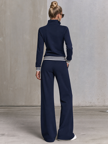 Navy Half-zip Button-placket Sweatshirt And Wide-leg Pants Set