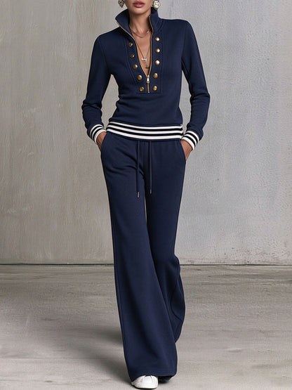 Navy Half-zip Button-placket Sweatshirt And Wide-leg Pants Set