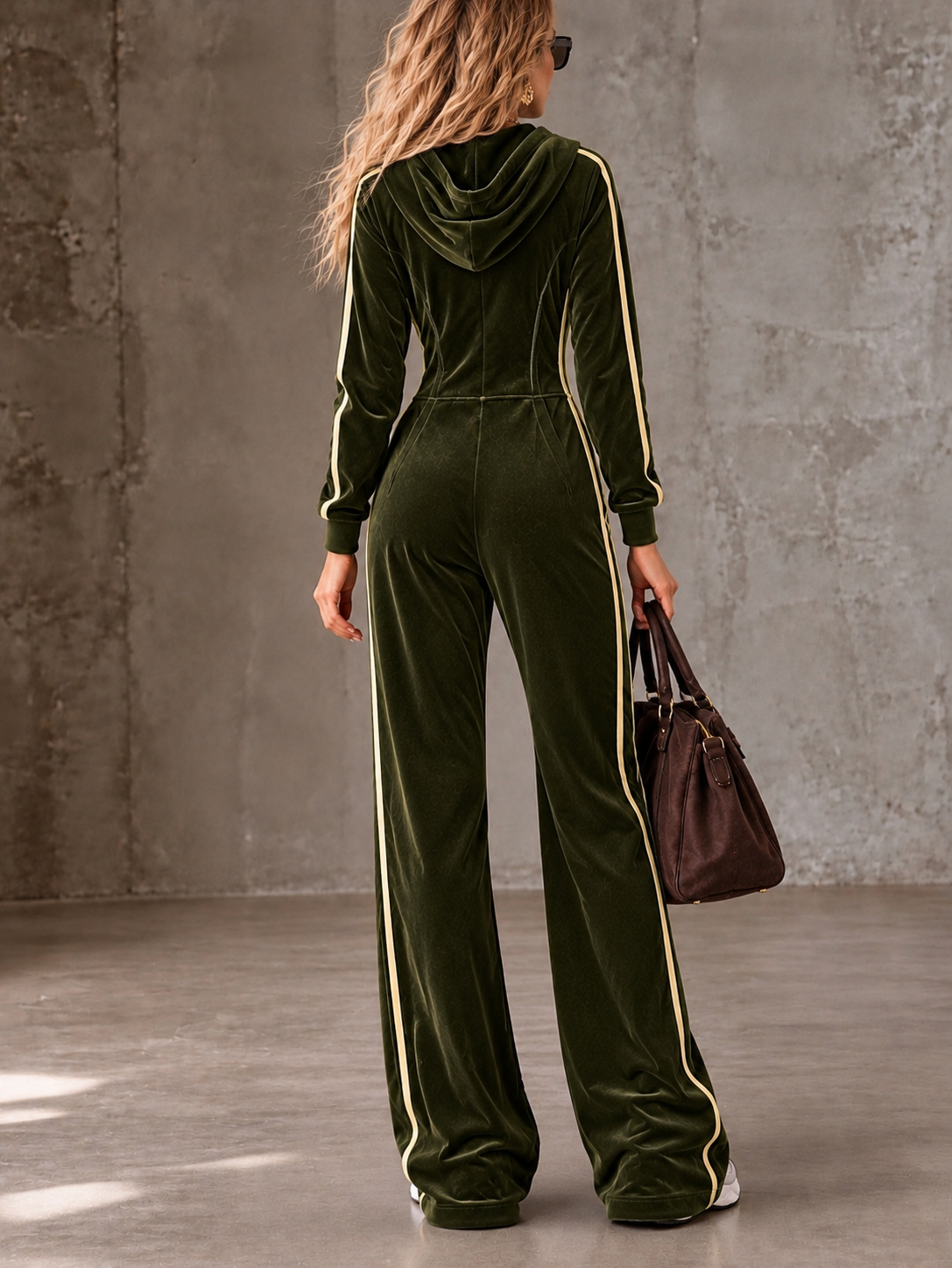 Olive Green Velvet Hooded Jumpsuit with Cream-yellow Side Stripes