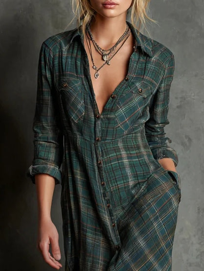 Vestido Althira Camiseiro Maxi Xadrez Verde