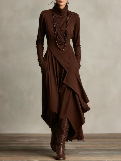 Asymmetric High-Neck Pleated Maxi Dress – Relaxed Fit in Rayon