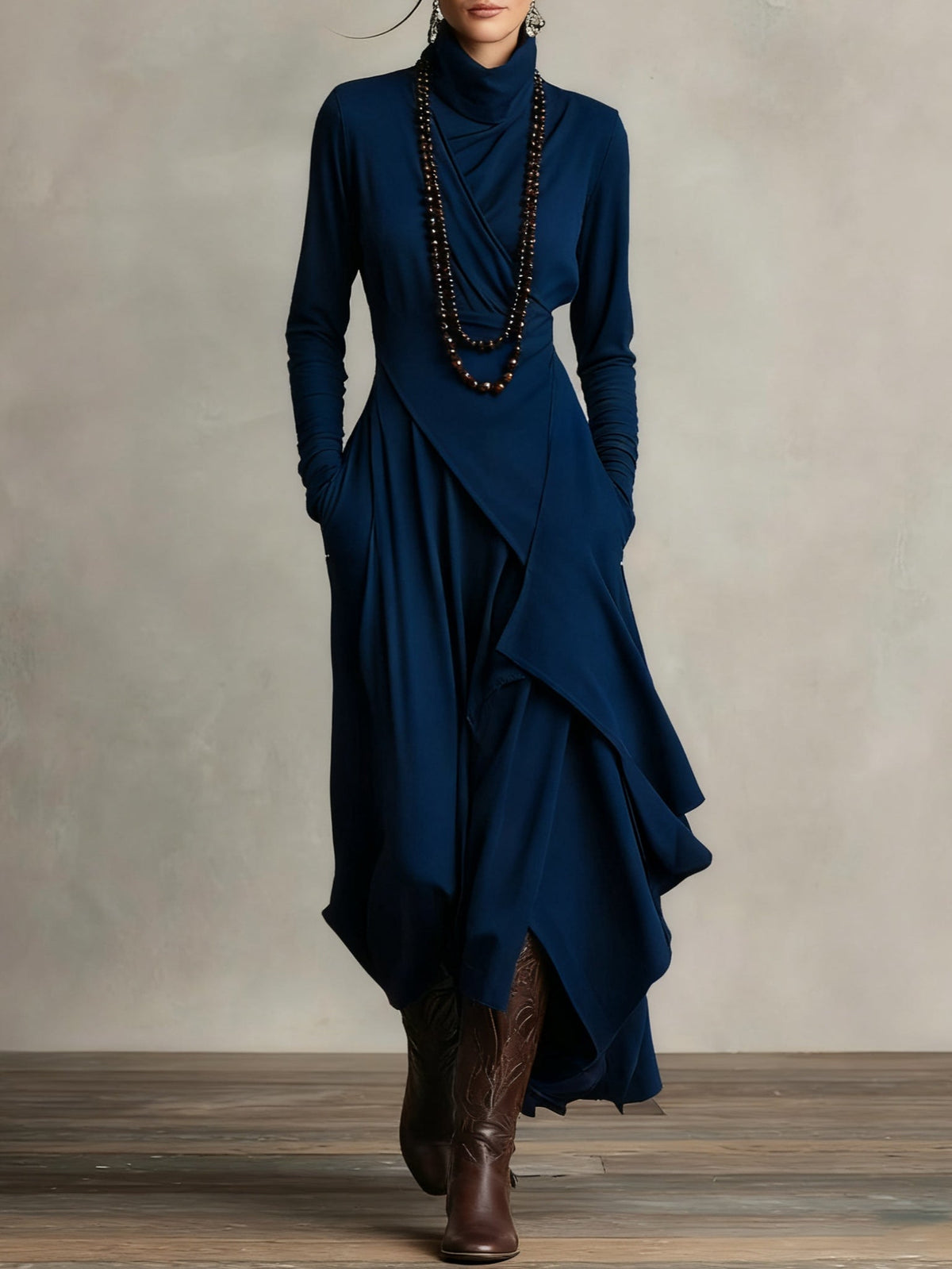 Asymmetric High-Neck Pleated Maxi Dress – Relaxed Fit in Rayon