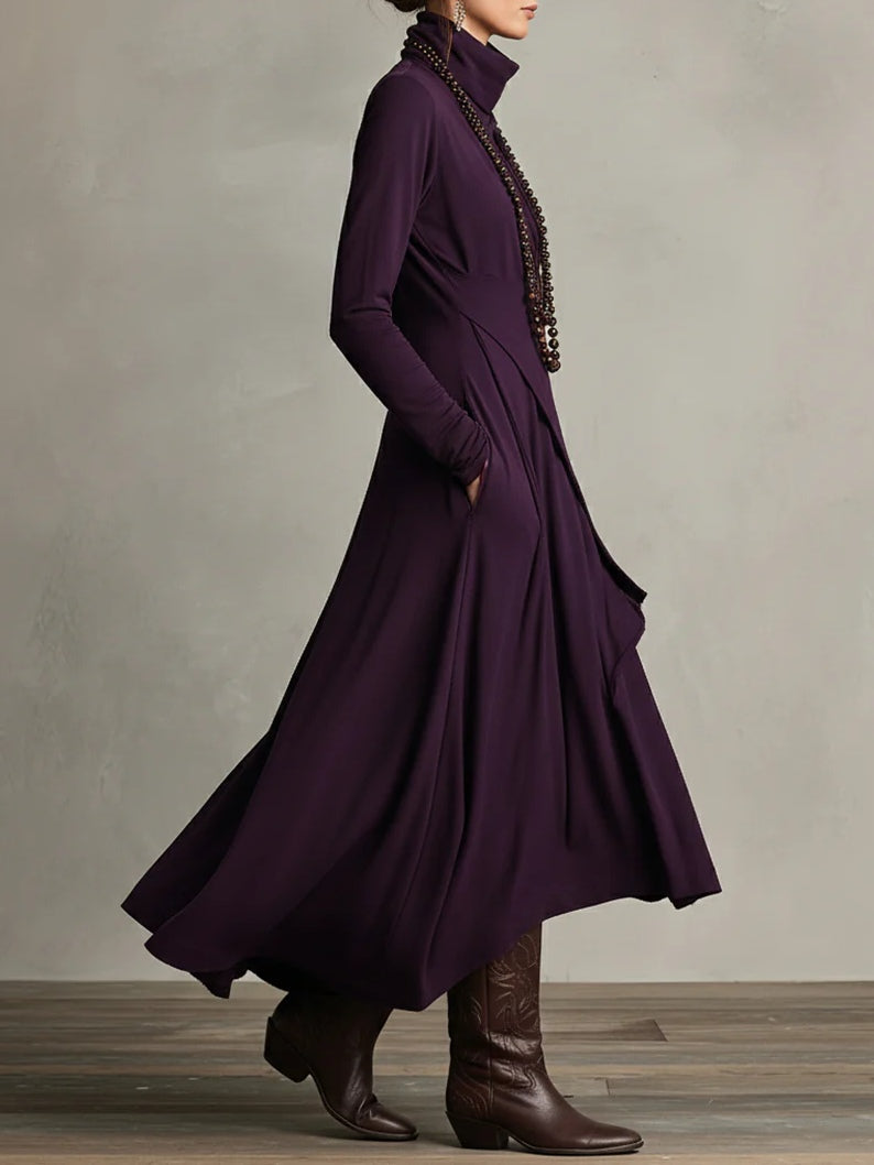 Asymmetric High-Neck Pleated Maxi Dress – Relaxed Fit in Rayon