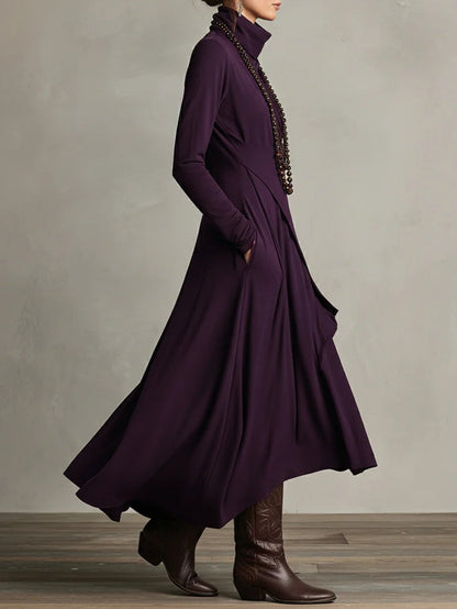Asymmetric High-Neck Pleated Maxi Dress – Relaxed Fit in Rayon