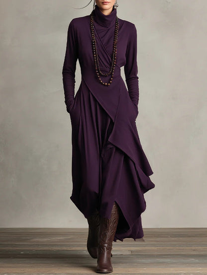 Asymmetric High-Neck Pleated Maxi Dress – Relaxed Fit in Rayon
