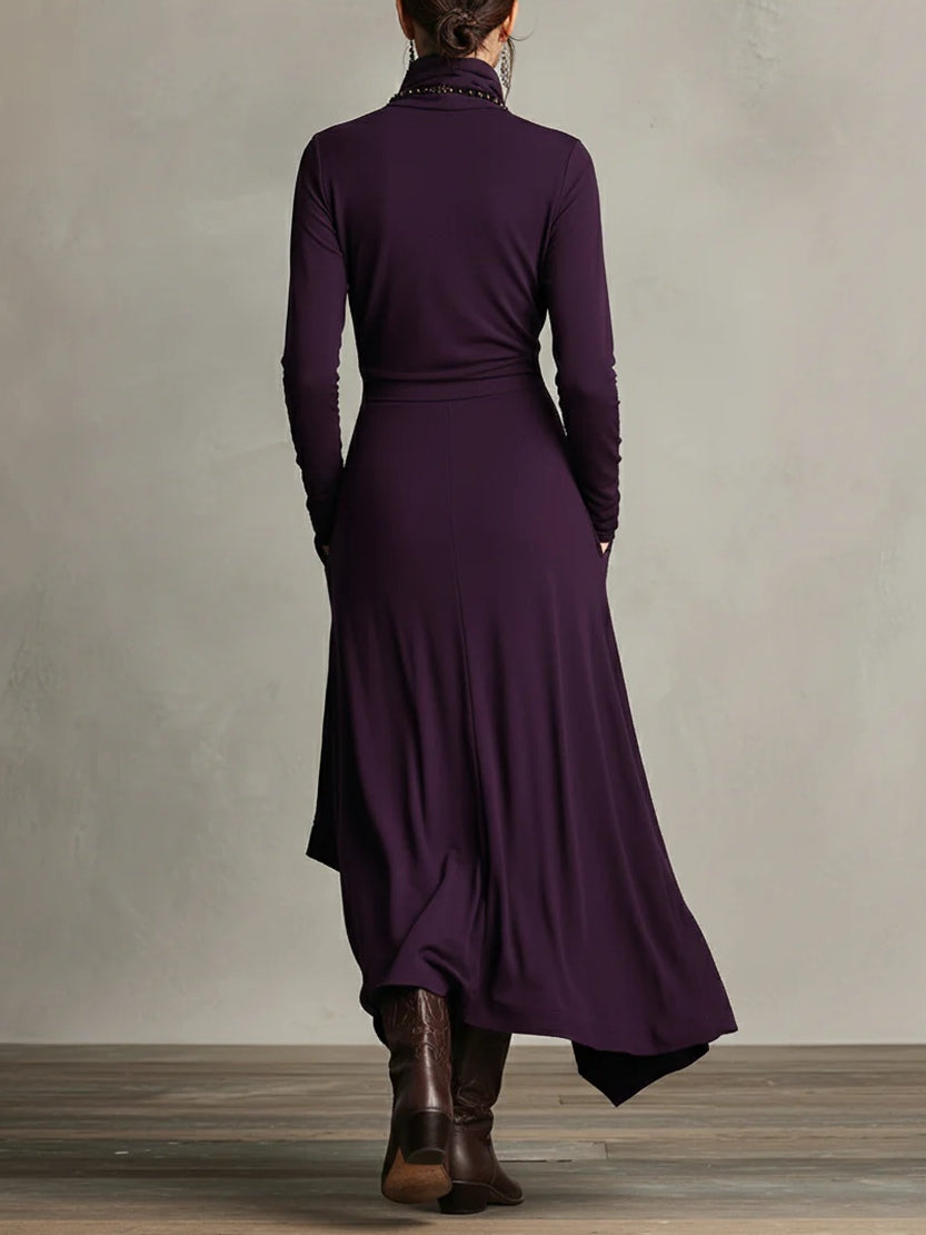 Asymmetric High-Neck Pleated Maxi Dress – Relaxed Fit in Rayon