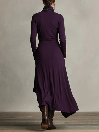 Asymmetric High-Neck Pleated Maxi Dress – Relaxed Fit in Rayon