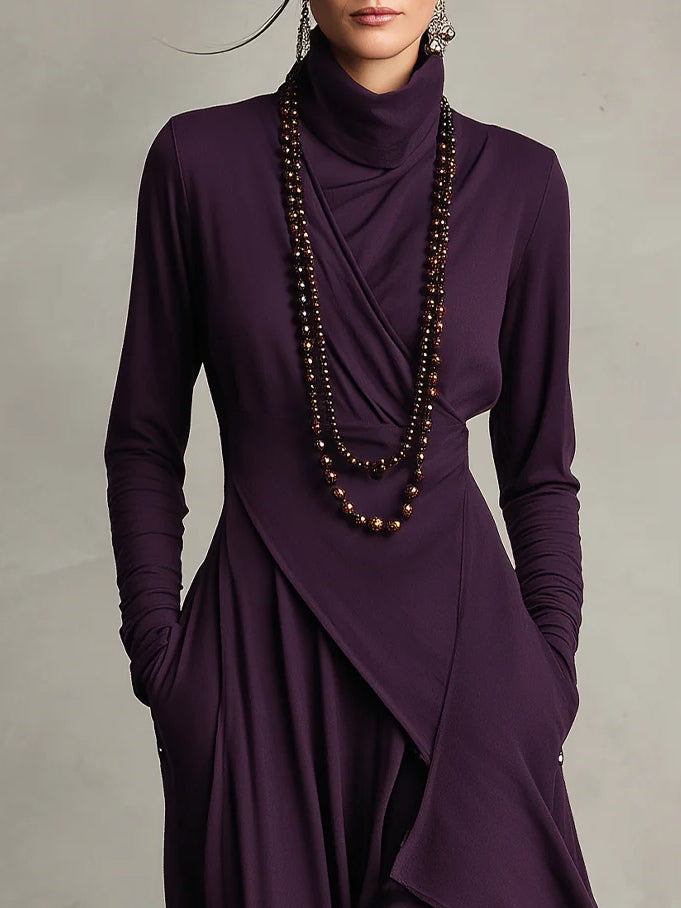 Asymmetric High-Neck Pleated Maxi Dress – Relaxed Fit in Rayon