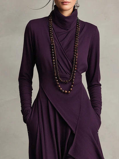 Asymmetric High-Neck Pleated Maxi Dress – Relaxed Fit in Rayon
