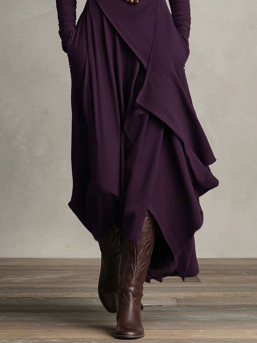 Asymmetric High-Neck Pleated Maxi Dress – Relaxed Fit in Rayon