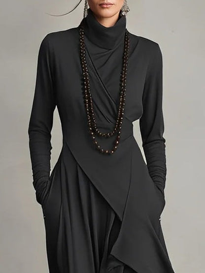 Asymmetric High-Neck Pleated Maxi Dress – Relaxed Fit in Rayon