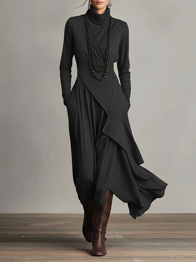 Asymmetric High-Neck Pleated Maxi Dress – Relaxed Fit in Rayon