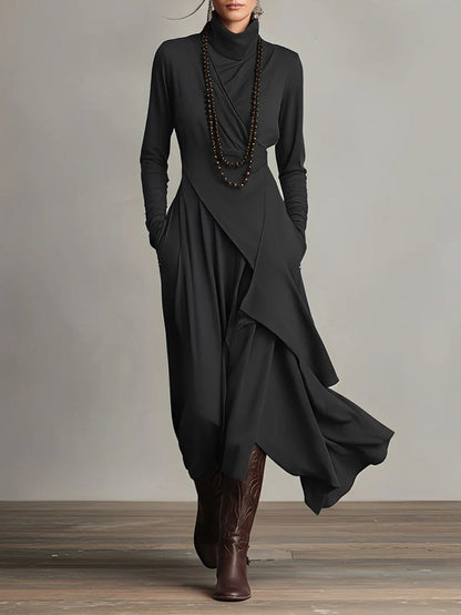 Asymmetric High-Neck Pleated Maxi Dress – Relaxed Fit in Rayon