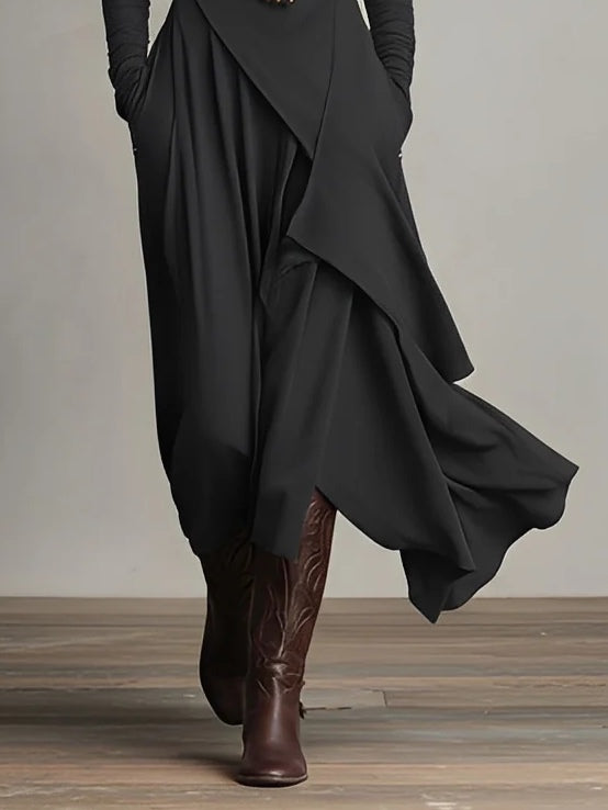 Asymmetric High-Neck Pleated Maxi Dress – Relaxed Fit in Rayon