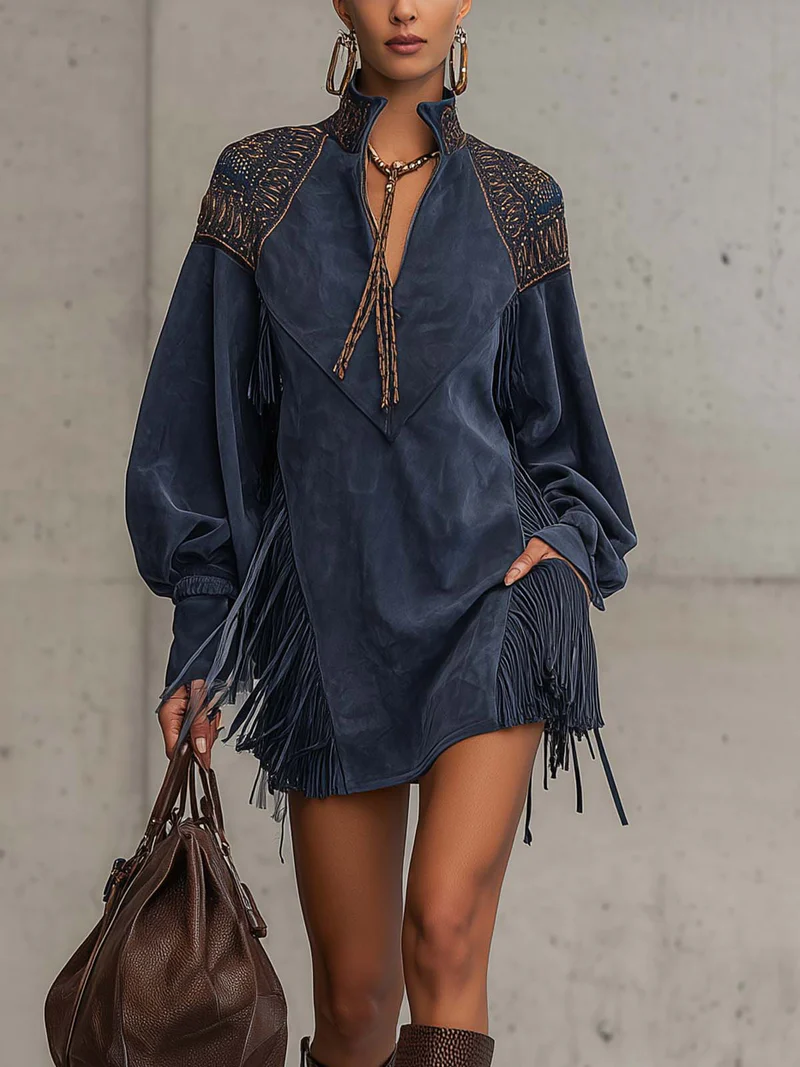 Indigo Blue Faux Suede Mini Dress with Embroidery and Fringe – High Neck with Zipper