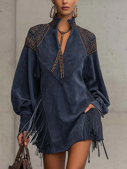 Indigo Blue Faux Suede Mini Dress with Embroidery and Fringe – High Neck with Zipper