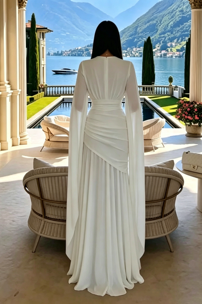 White V-Neck Cape Sleeve Ruched Waist Floor-Length Maxi Dress