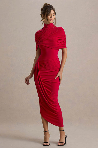 Vestido Midi Cinturado com Detalhe de Drapeado e Costas Nuas